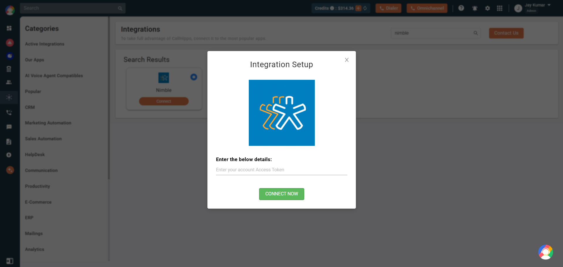 CallHippo Nimble Integration Setup popup with account Access Token field