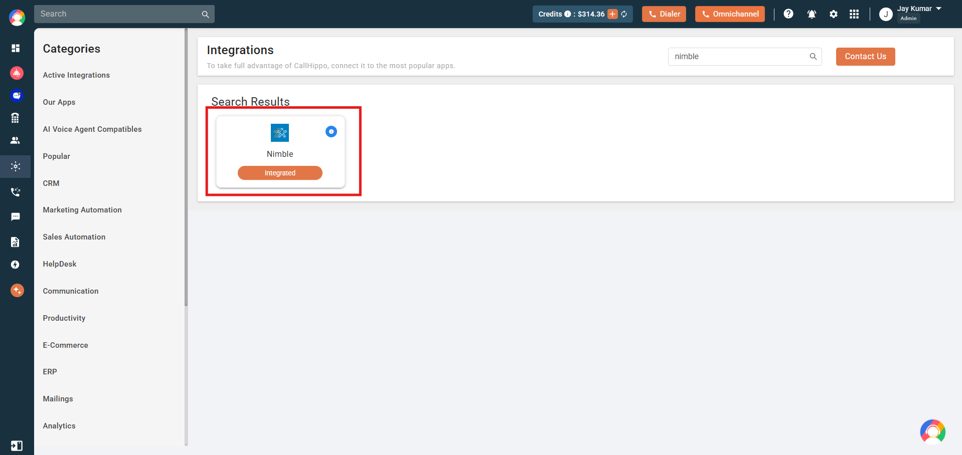 CallHippo Integrations showing Nimble status changed to Integrated