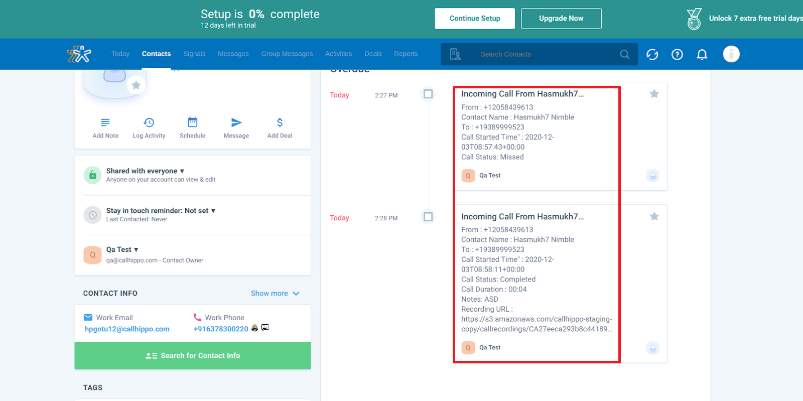Nimble contact activity feed showing incoming call logs from CallHippo