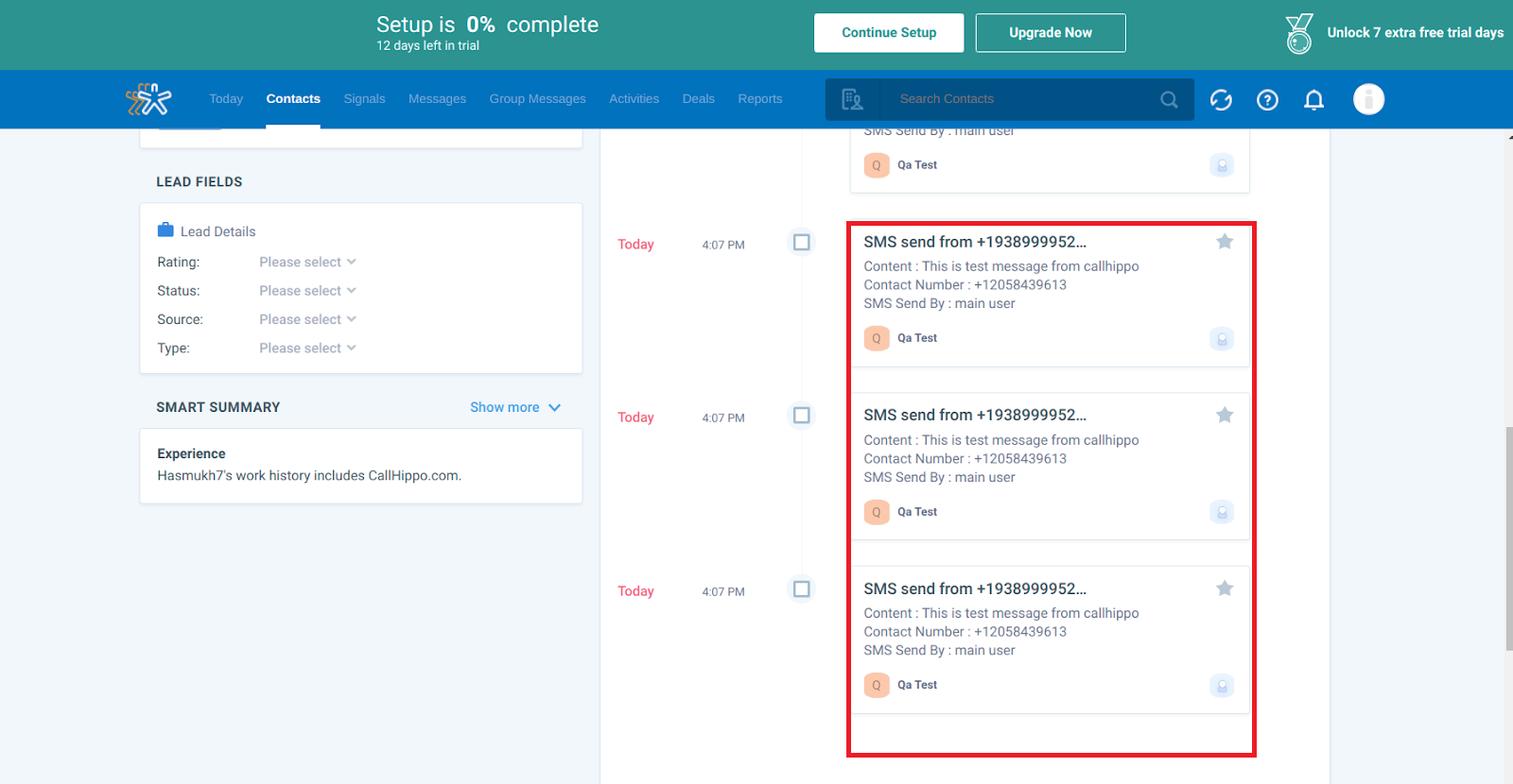 Nimble contact activity feed showing SMS logs from CallHippo