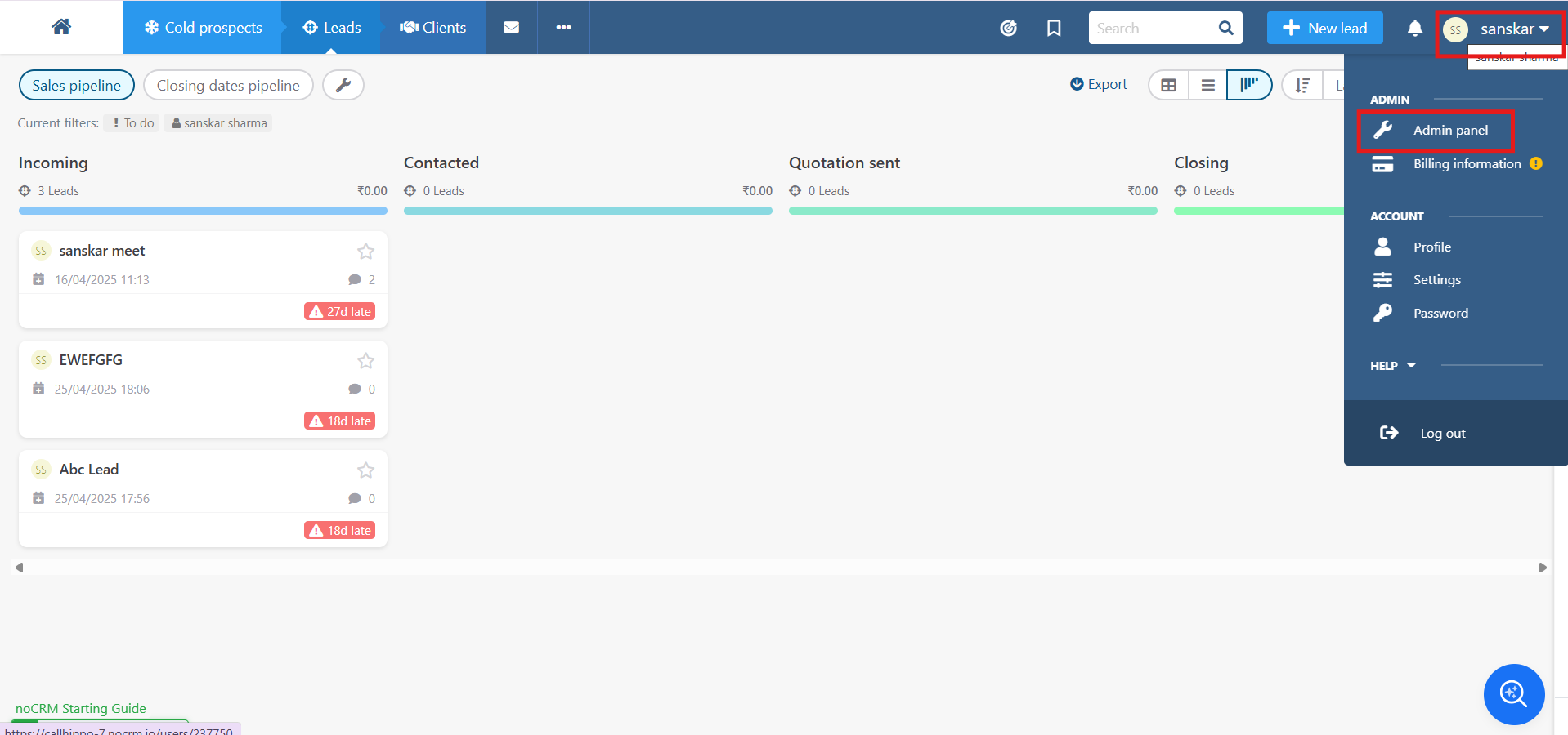 noCRM profile dropdown with Admin panel option highlighted