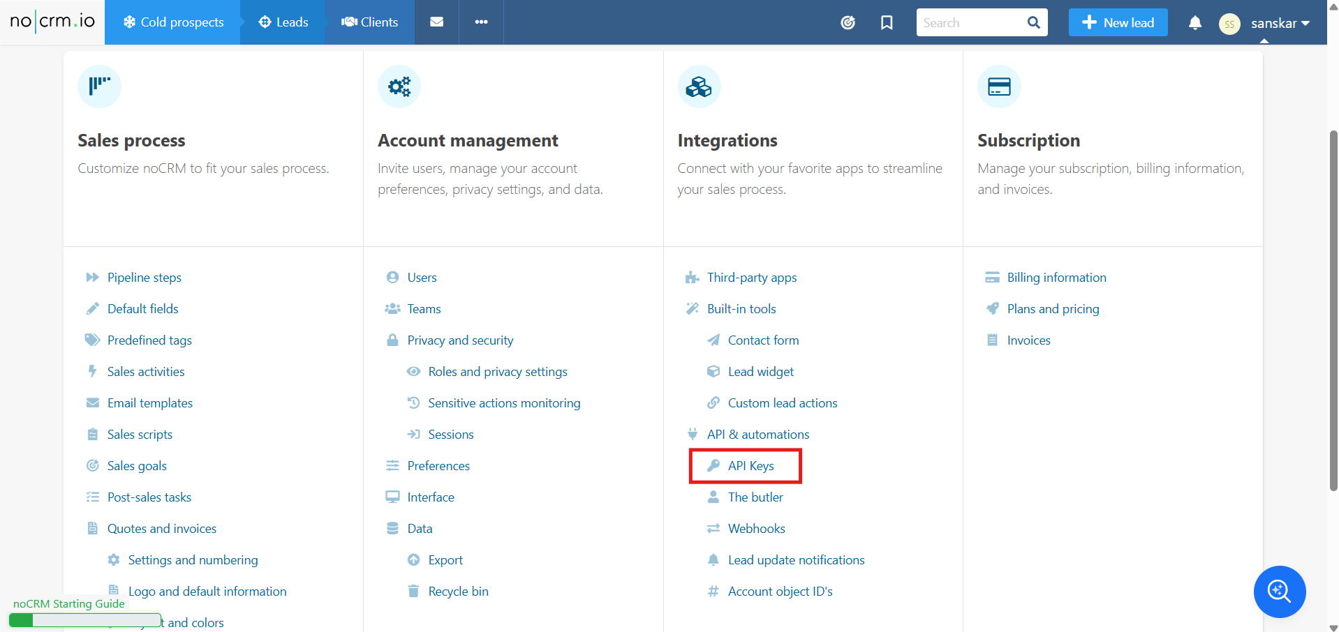 noCRM Admin panel with API Keys highlighted under API and automations