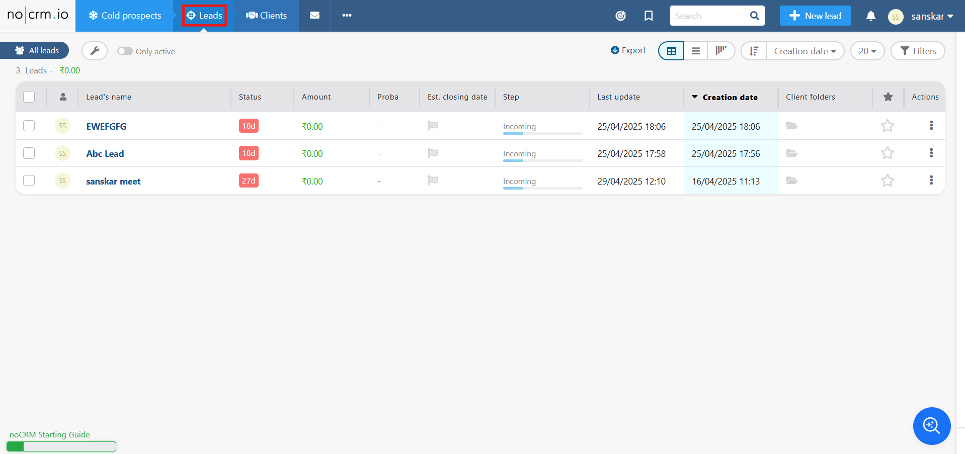 noCRM Leads tab showing the list of leads