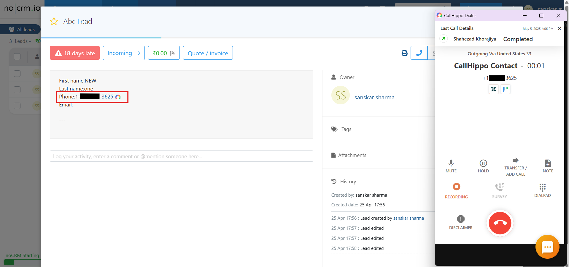 CallHippo dialer placing a call from a noCRM lead record