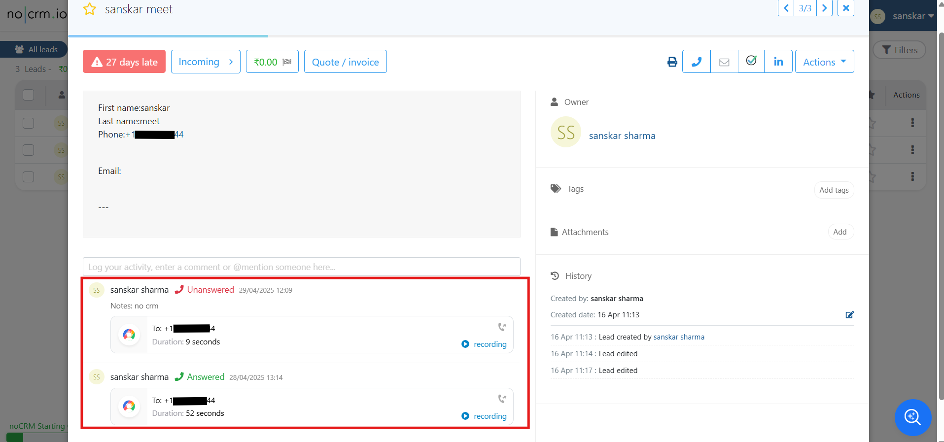 noCRM lead showing CallHippo call activities with recordings logged