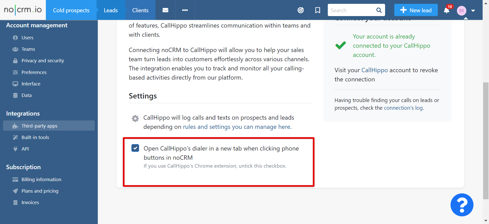 noCRM setting to open CallHippo dialer in a new tab when clicking phone buttons