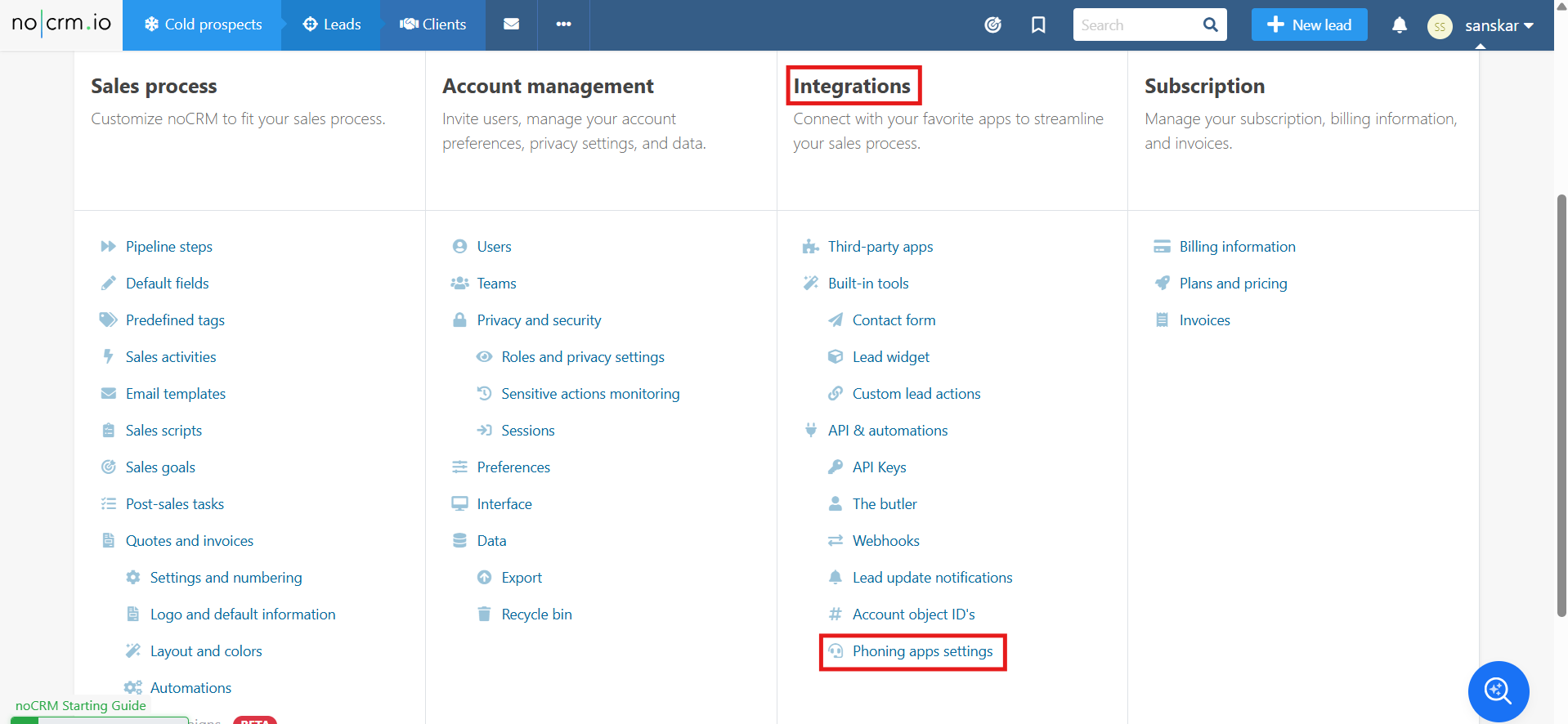 noCRM Admin panel Integrations with Phoning apps settings highlighted
