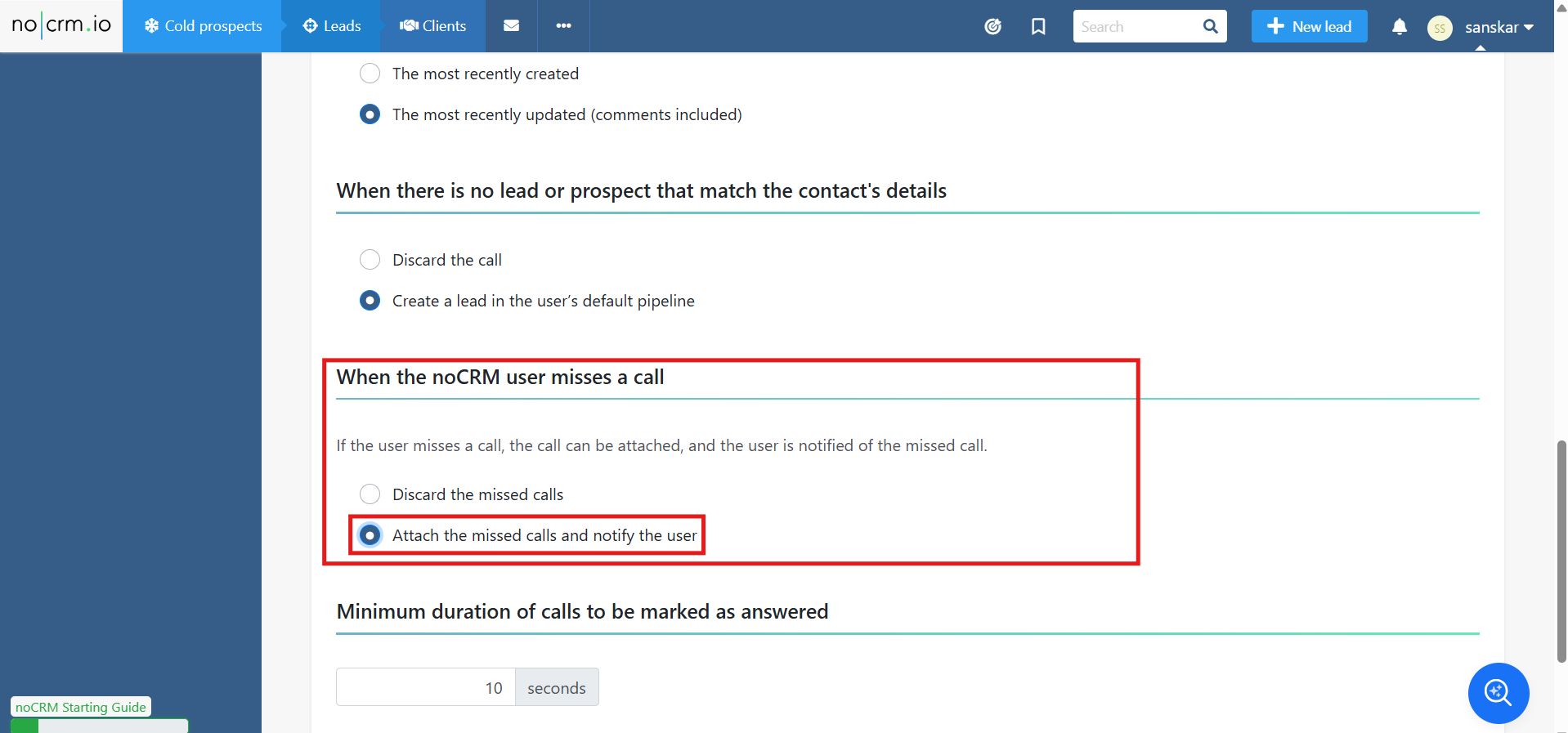 noCRM option to attach the missed calls and notify the user