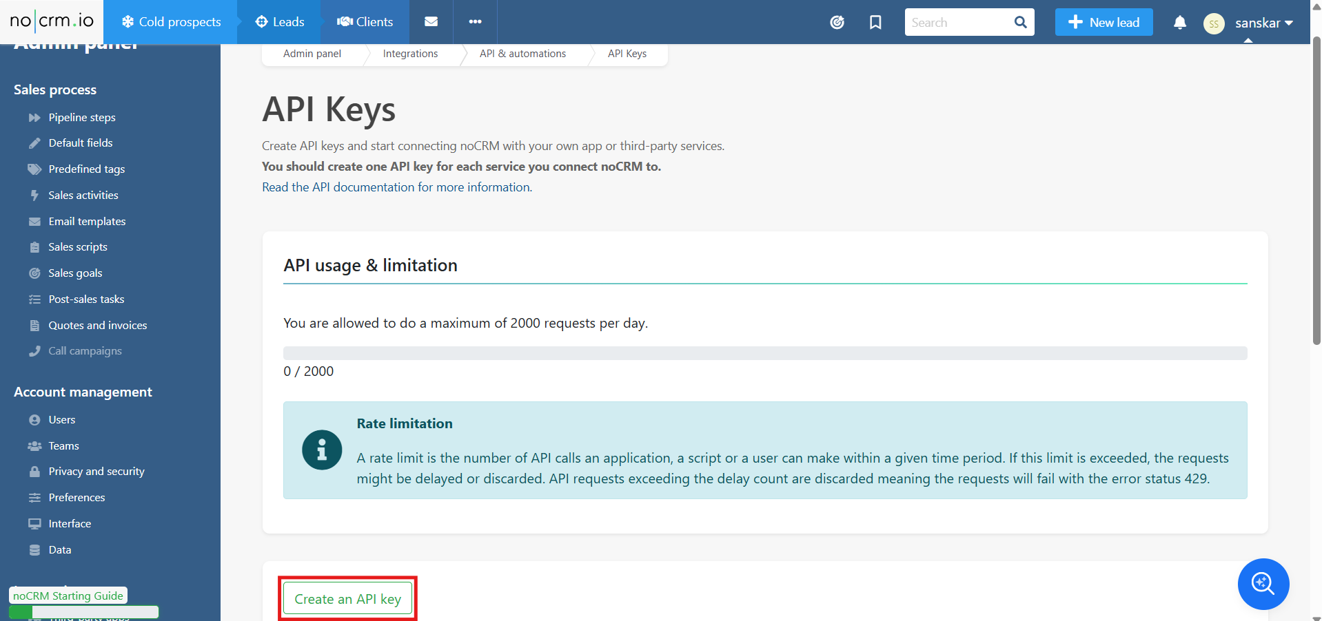 noCRM API Keys page with Create an API key button highlighted