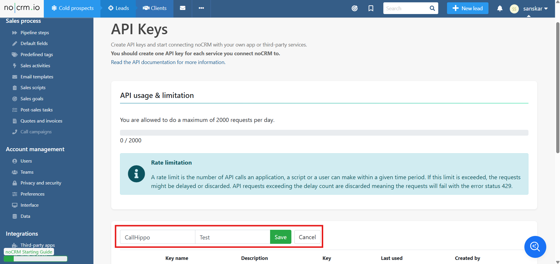 Entering a name and description for the noCRM API key and clicking Save