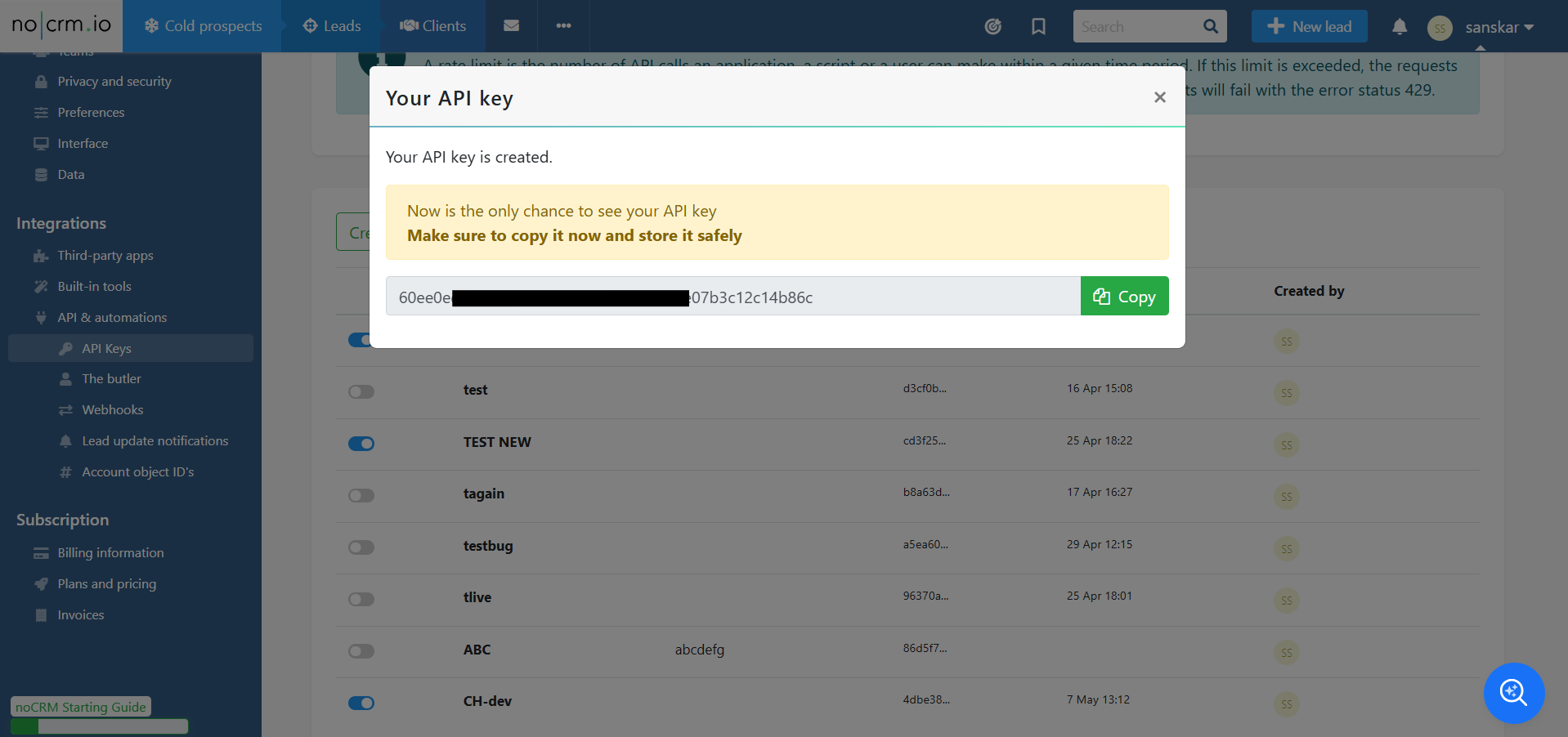 noCRM popup showing the generated API key with a Copy button