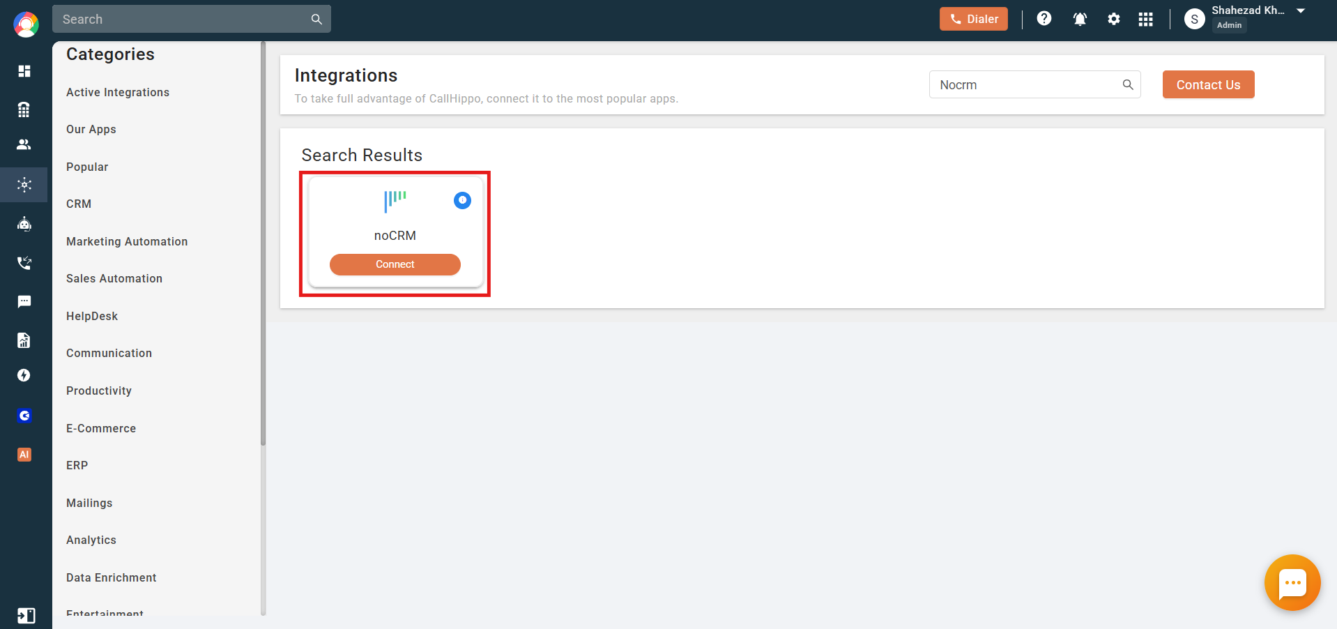 CallHippo Integrations page with noCRM search result and Connect button