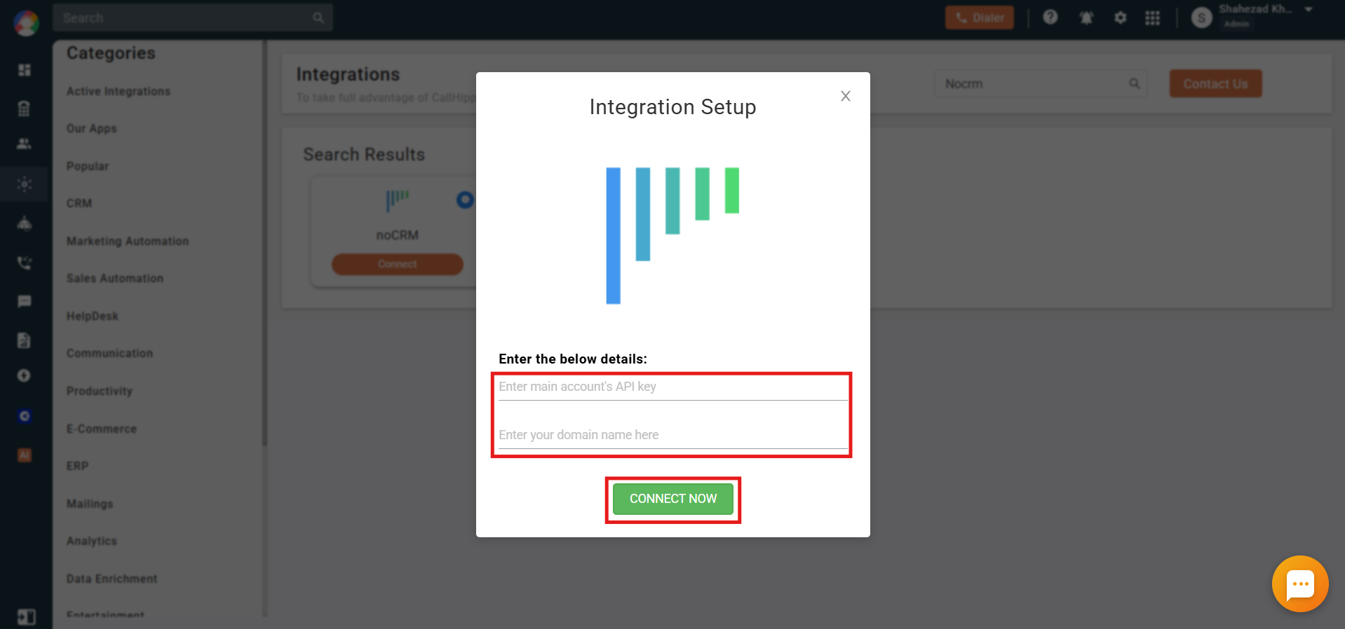 CallHippo Integration Setup popup for entering the noCRM API key and domain name
