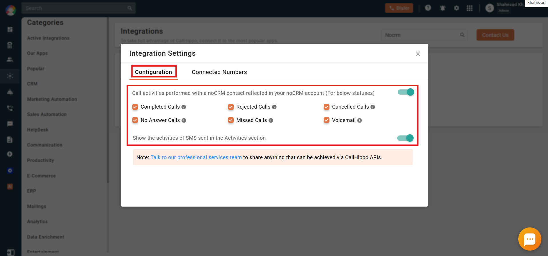 CallHippo Integration Settings Configuration tab with call and SMS activity toggles