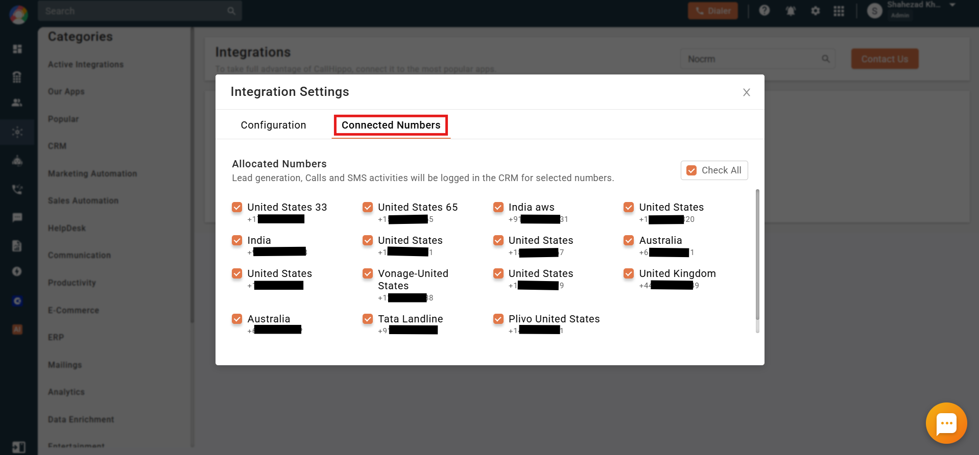 CallHippo Integration Settings Connected Numbers tab showing allocated numbers