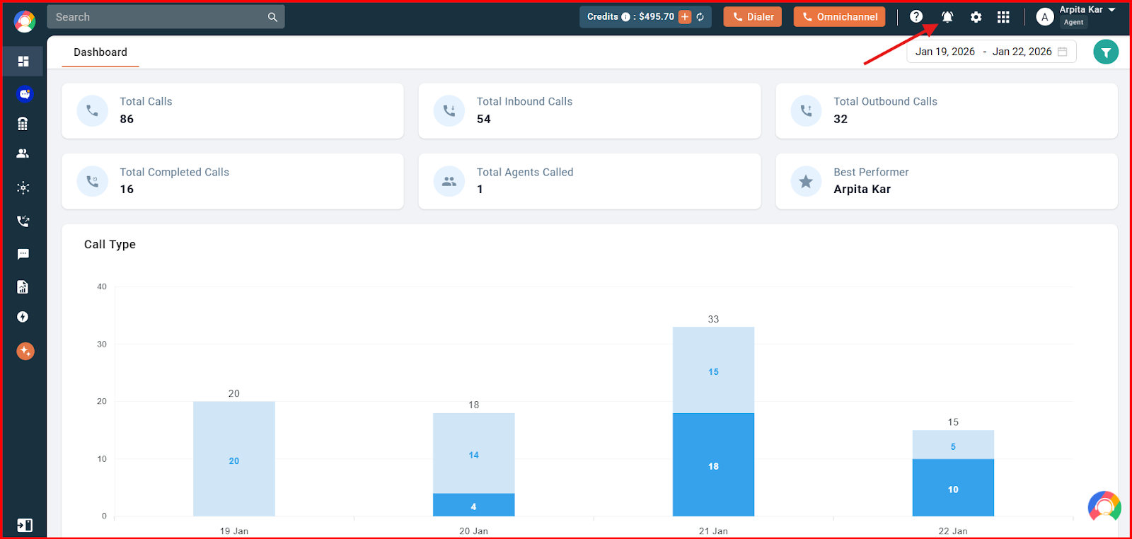 CallHippo dashboard with the notifications bell icon highlighted in the top-right corner