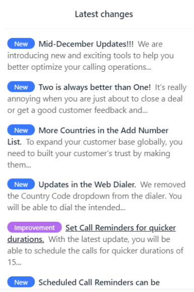 Latest changes panel listing CallHippo product updates and announcements