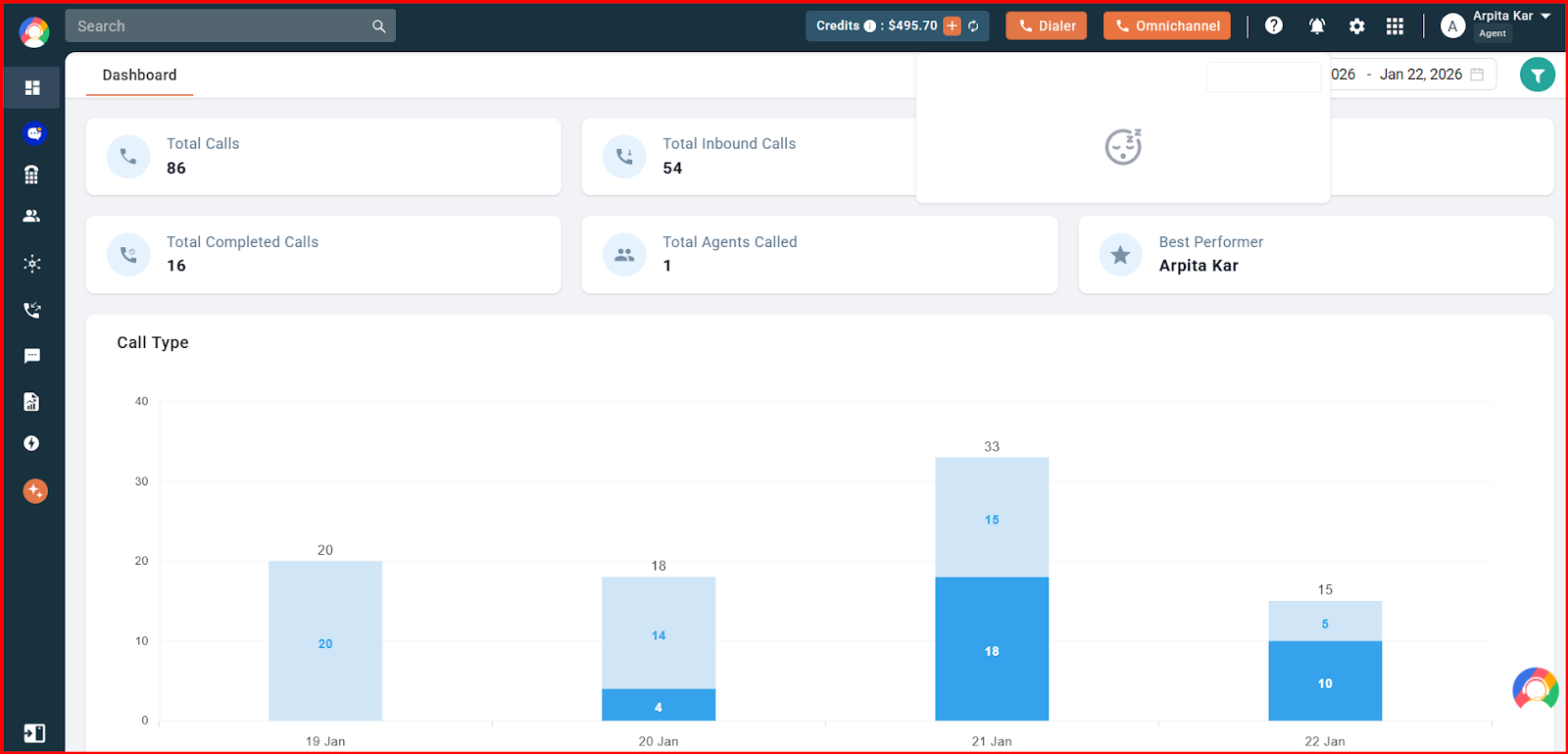 CallHippo dashboard showing an empty notifications panel with no new notifications