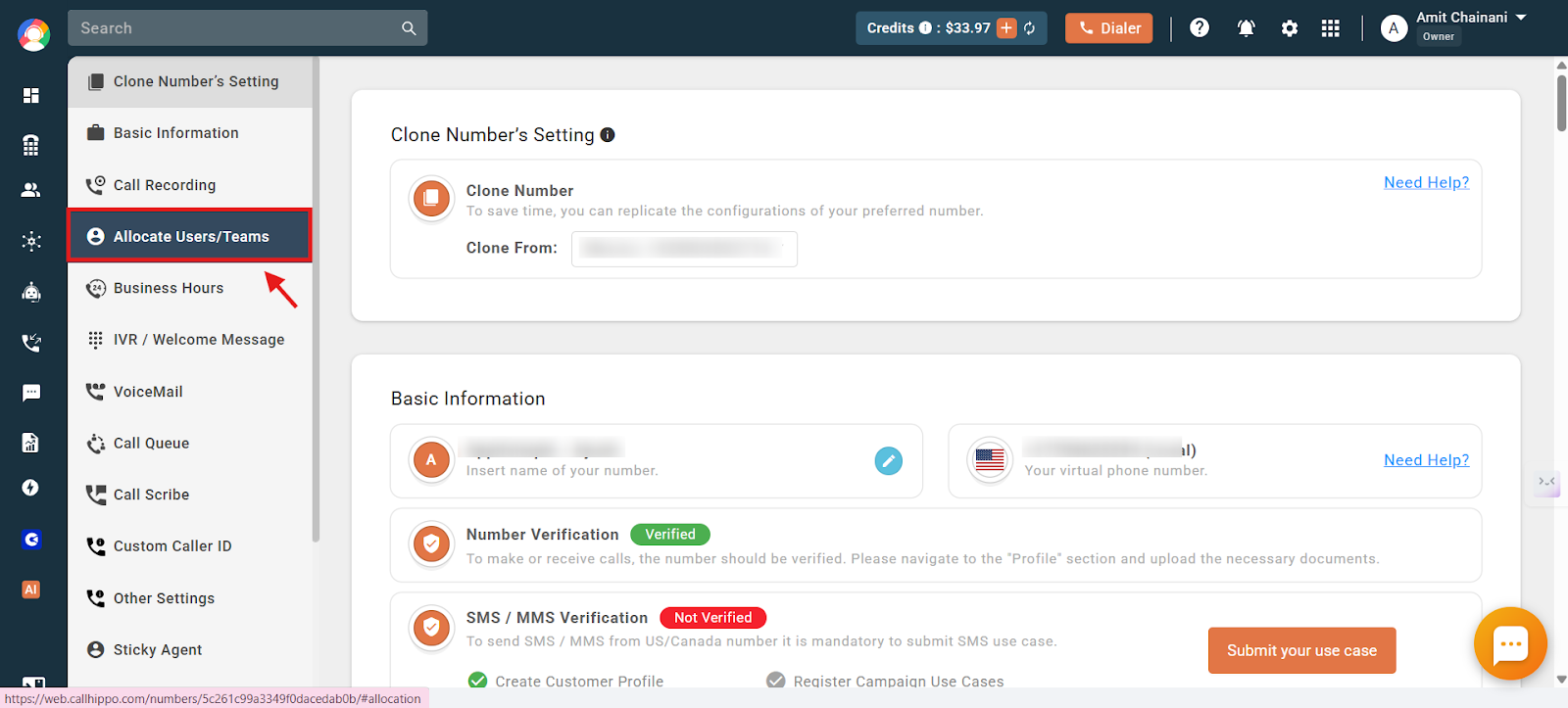 Number settings sidebar with the Allocate Users/Teams option highlighted