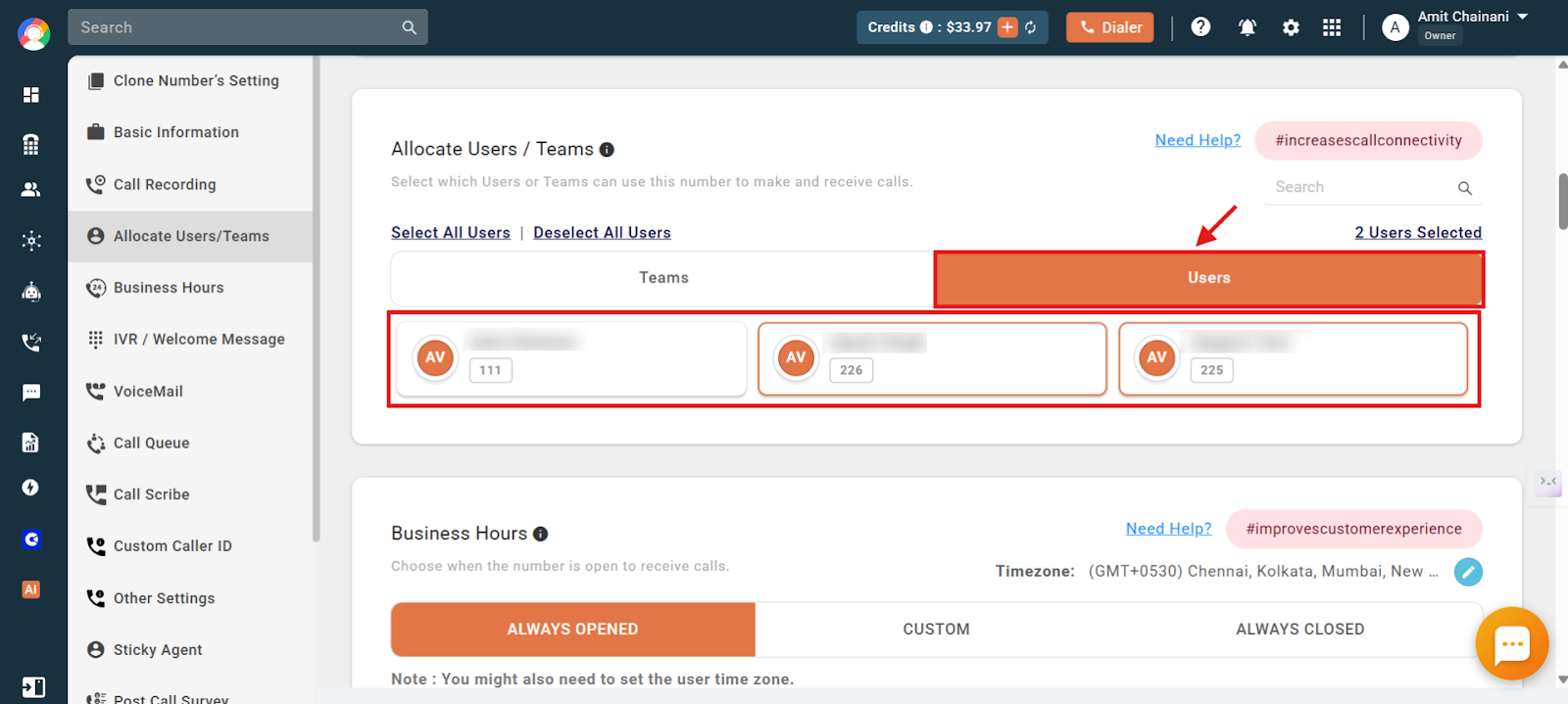 Allocate Users/Teams panel with the Users tab selected and users chosen