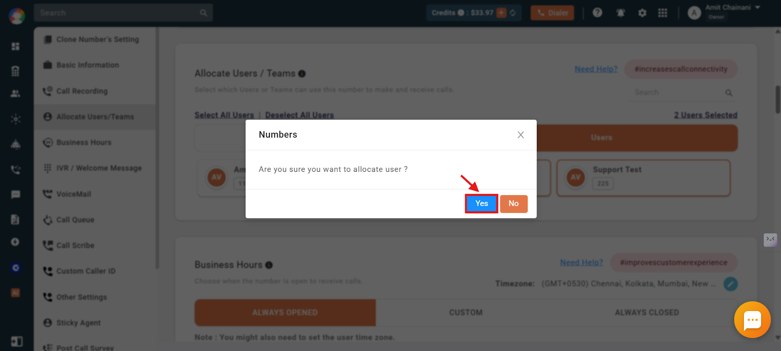 Confirmation dialog asking Are you sure you want to allocate user with Yes highlighted