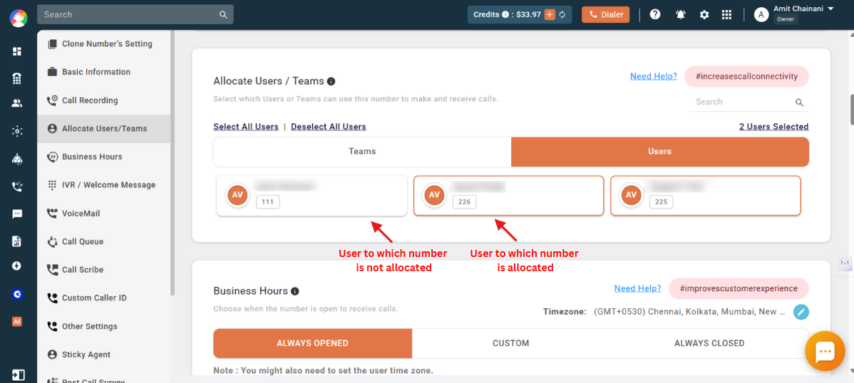 Users panel showing allocated users highlighted with a box and unallocated users not highlighted