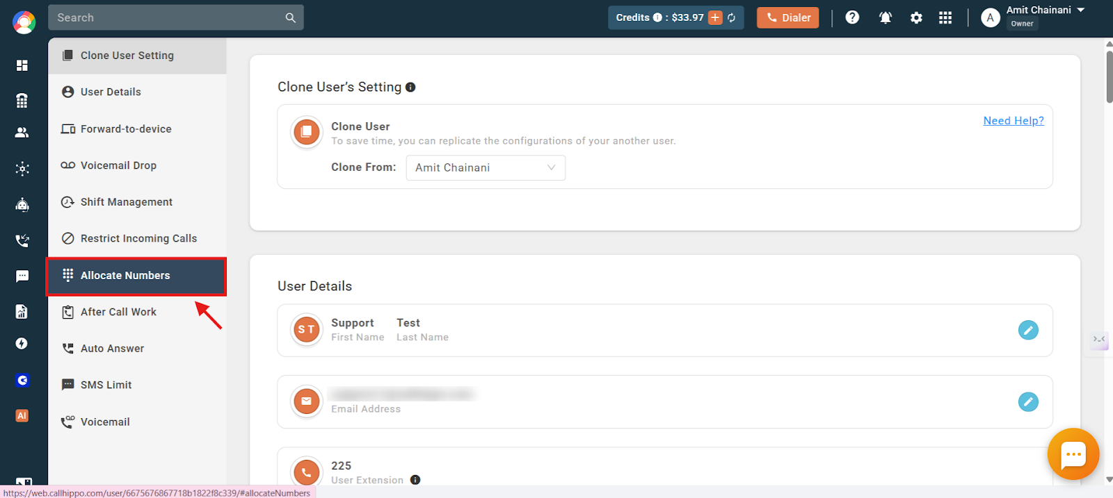 User settings sidebar with the Allocate Numbers option highlighted