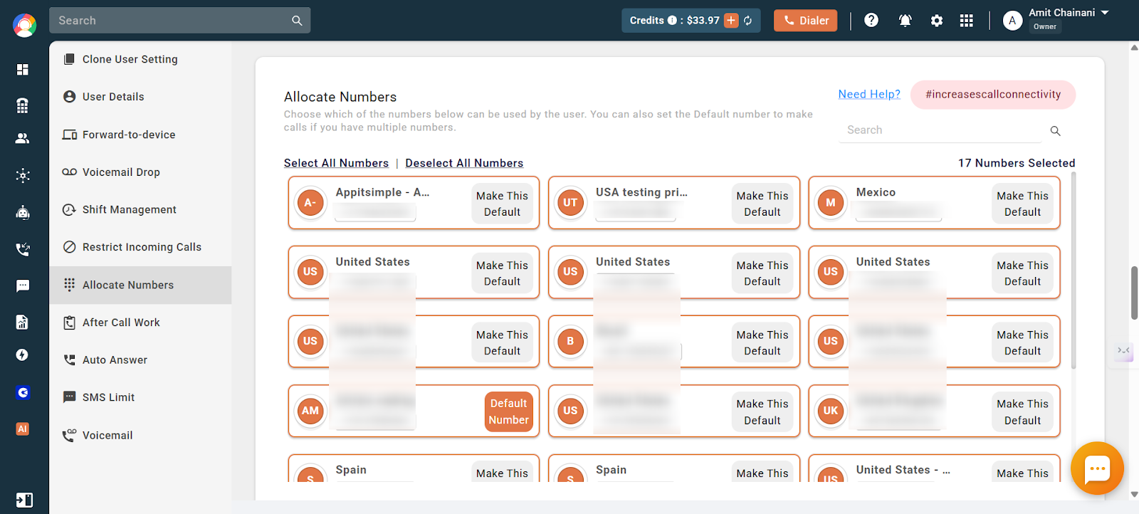 Allocate Numbers panel listing available numbers to assign to the selected user