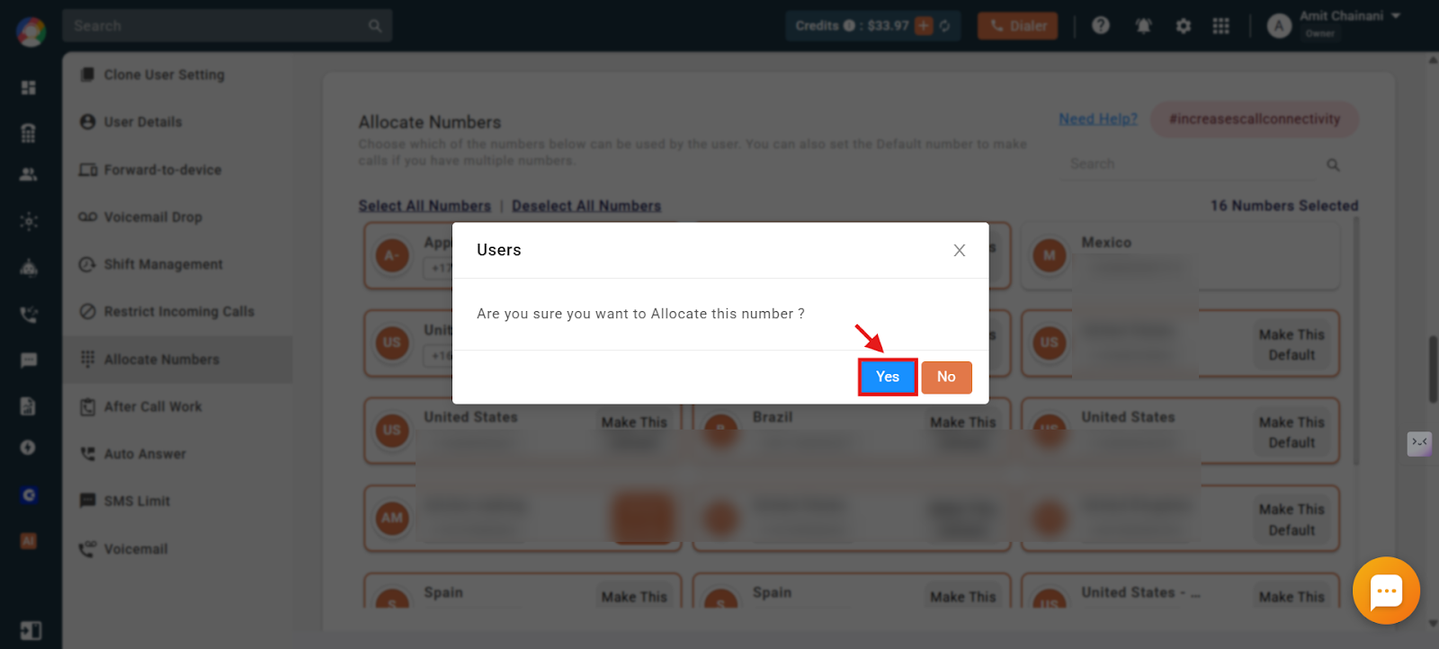 Confirmation dialog asking Are you sure you want to Allocate this number with Yes highlighted