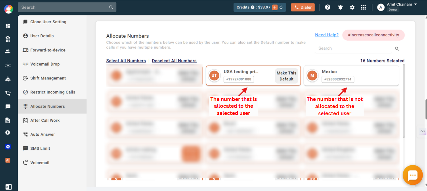 Allocate Numbers panel showing an allocated number highlighted and an unallocated number not highlighted