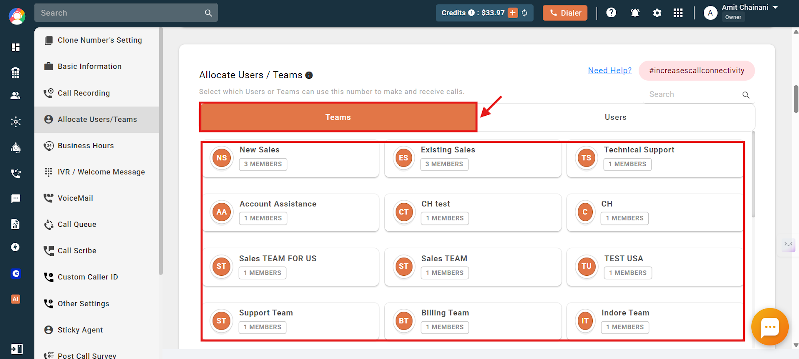 Allocate Users/Teams panel with the Teams tab selected and team cards displayed
