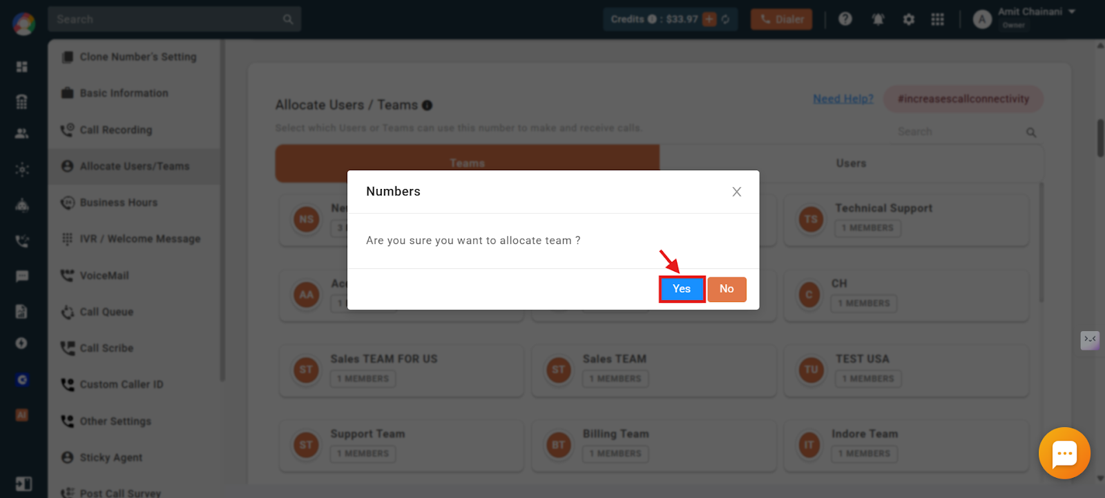 Confirmation dialog asking Are you sure you want to allocate team with Yes highlighted
