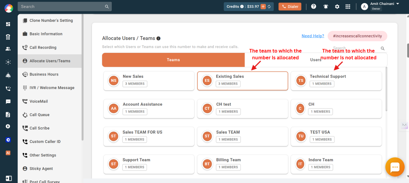 Teams panel showing an allocated team highlighted with a box and an unallocated team not highlighted