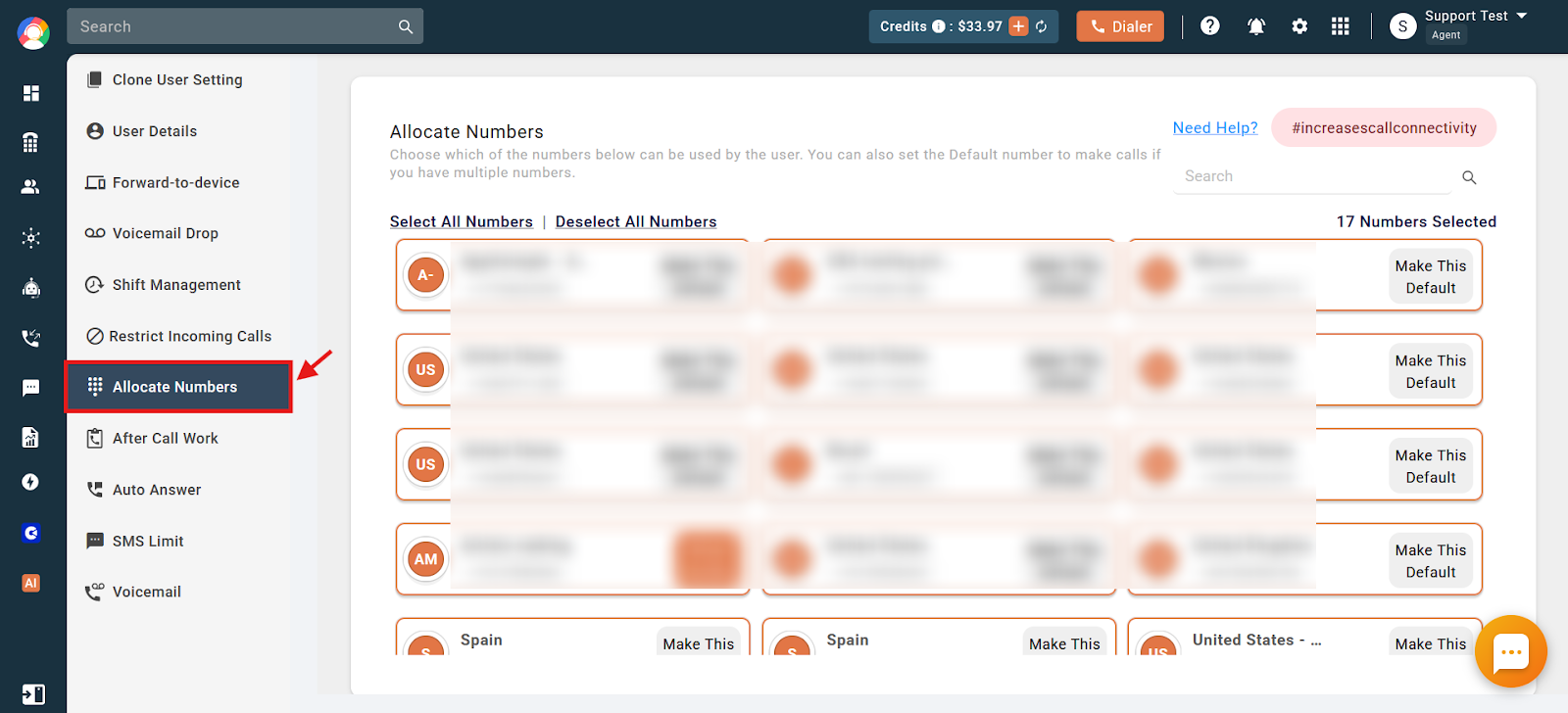 Agent user settings sidebar with the Allocate Numbers option highlighted