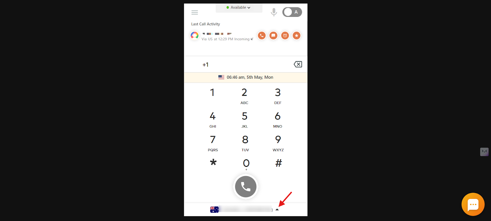 CallHippo dialer with the upward arrow next to the selected number highlighted