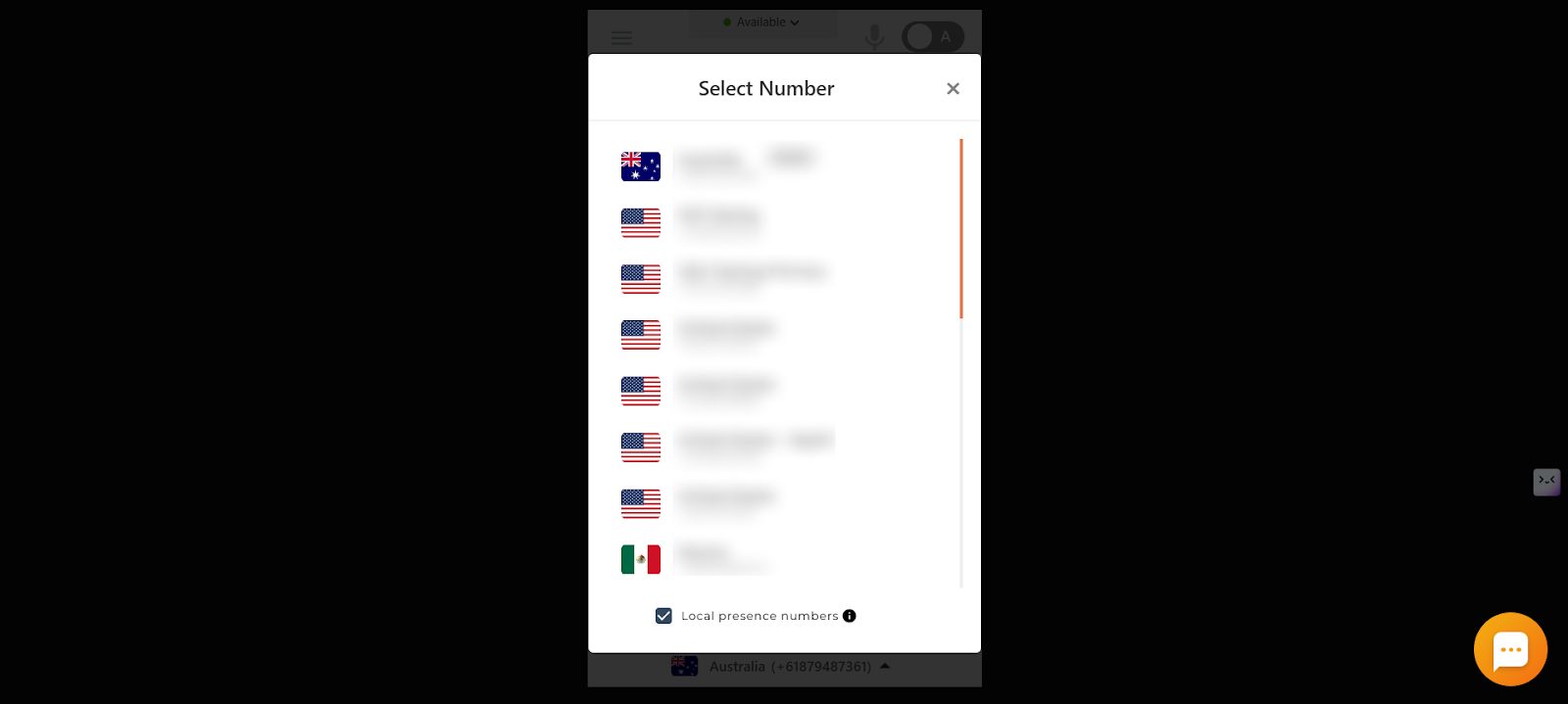 CallHippo dialer Select Number popup listing the numbers allocated to the user