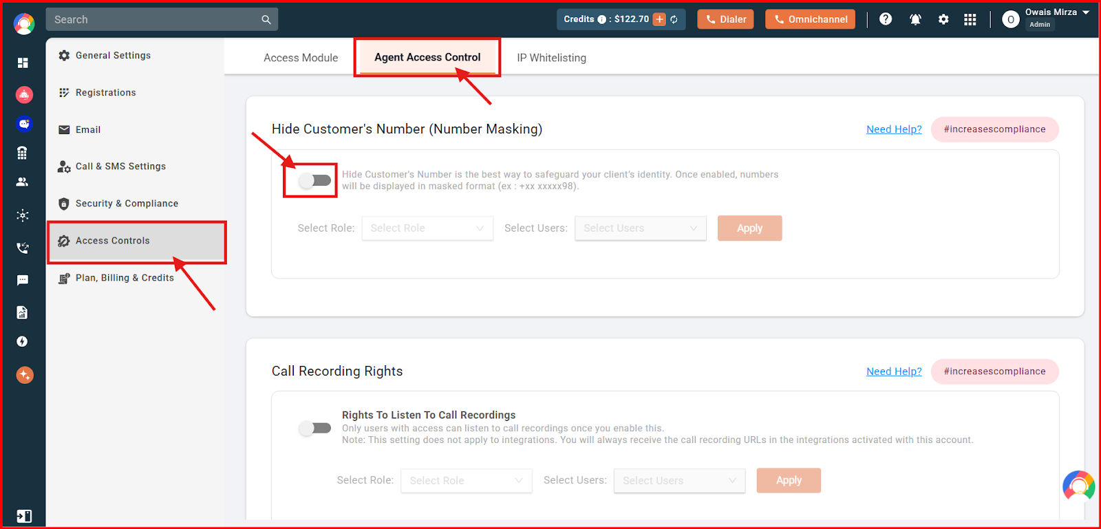 CallHippo Access Controls page showing Agent Access Control tab and the Hide Customer's Number Masking toggle