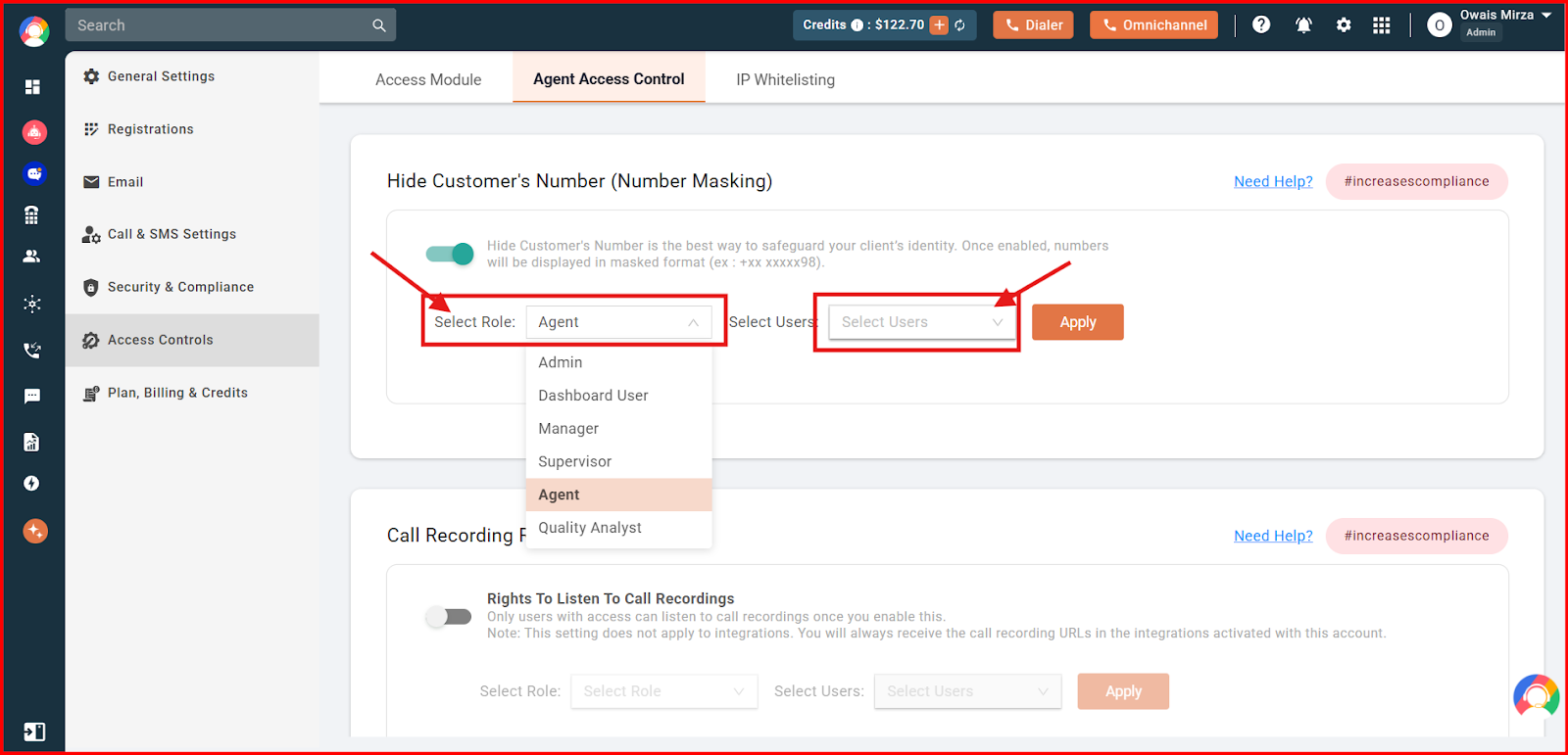 CallHippo number masking enabled with the Select Role dropdown open and Select Users field highlighted
