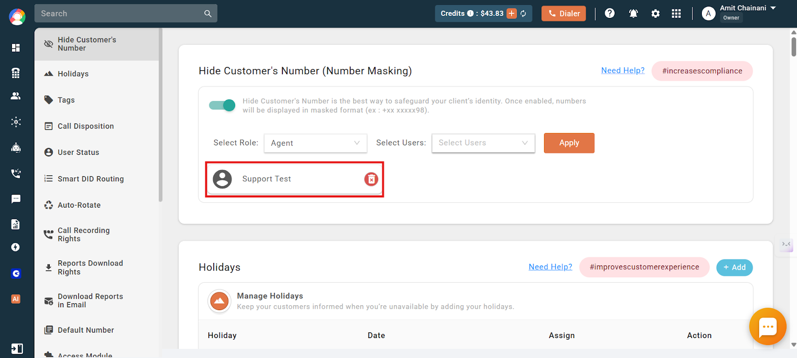 CallHippo showing the list of users for whom the customer's number is hidden after applying number masking