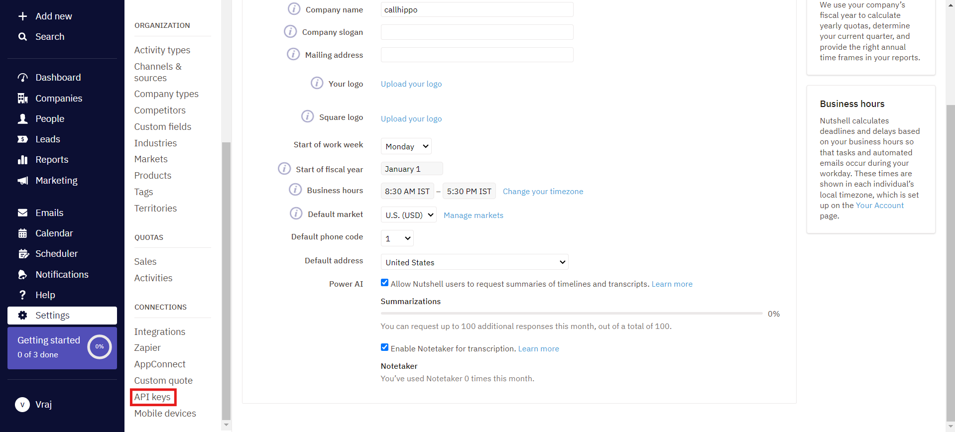 Nutshell Settings page with API keys option under Connections