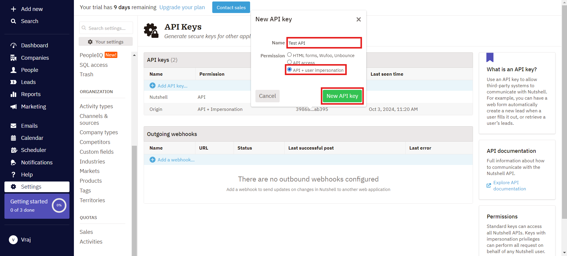 Nutshell New API key modal with API plus user impersonation option selected