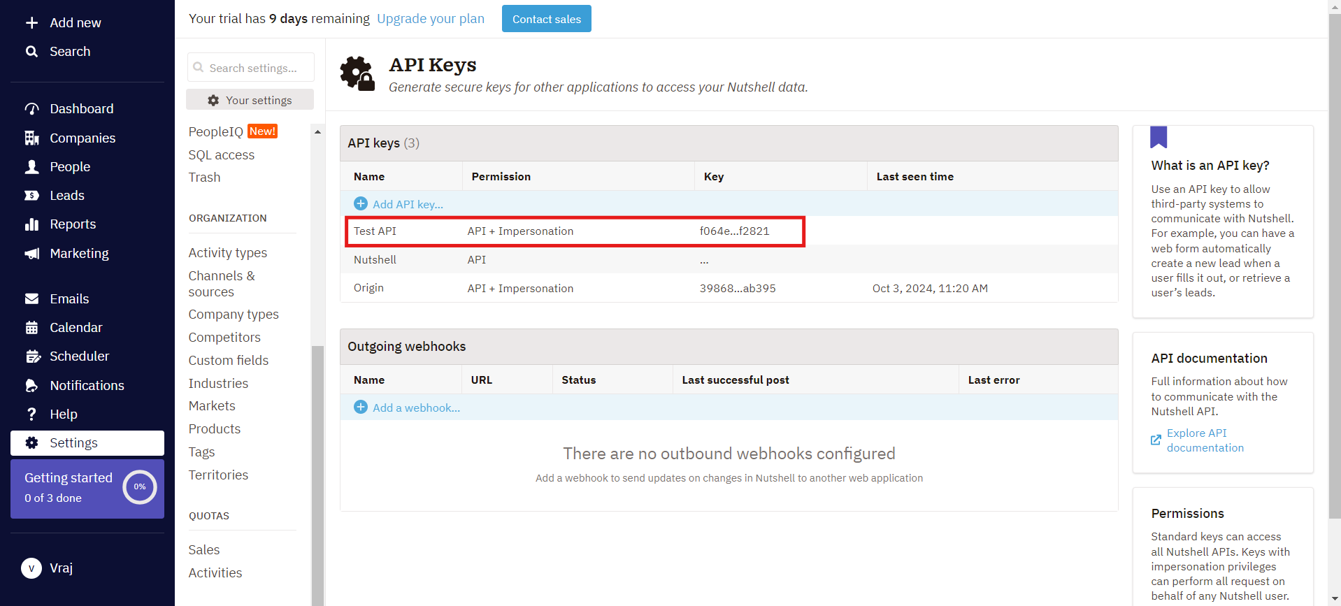 Nutshell API keys list showing the newly generated key