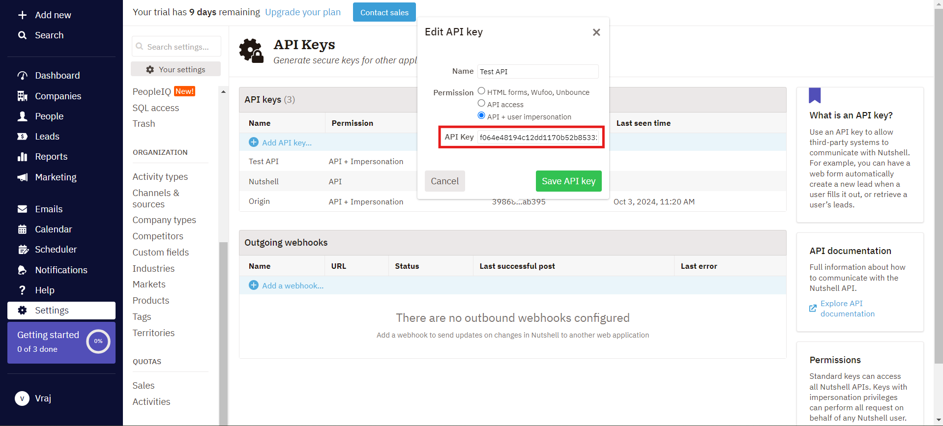 Nutshell Edit API key modal showing the API key value to copy