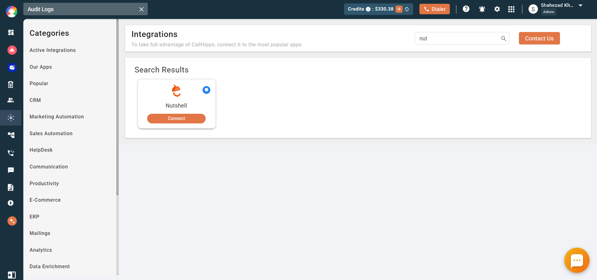 CallHippo Integrations page with Nutshell Connect button