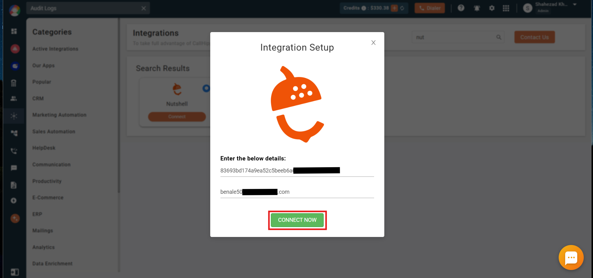 CallHippo Nutshell setup modal to enter API key and email with Connect Now button
