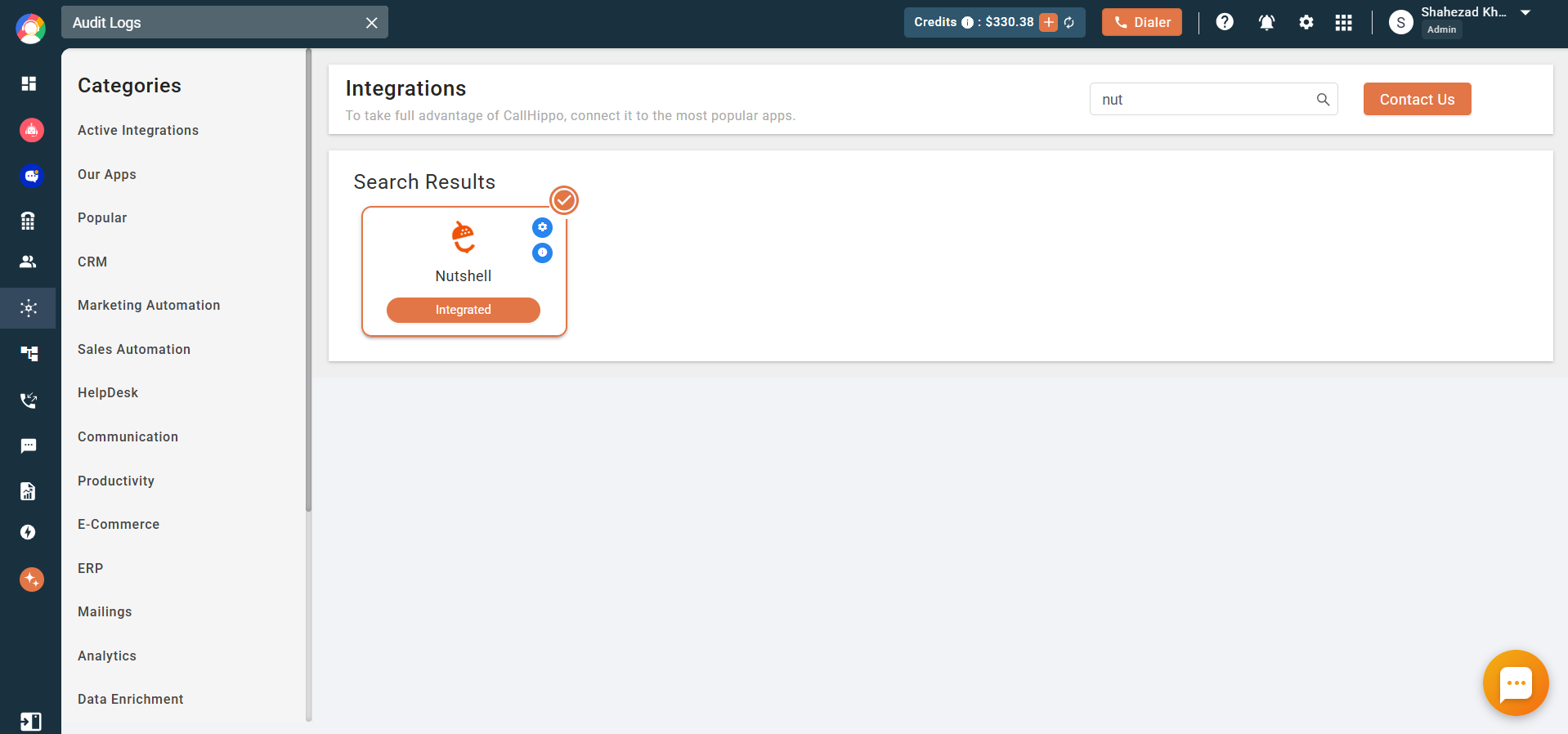 CallHippo showing Nutshell integration status as Integrated