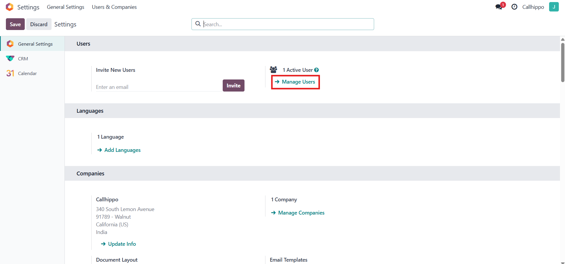 Odoo General Settings page with Manage Users link highlighted