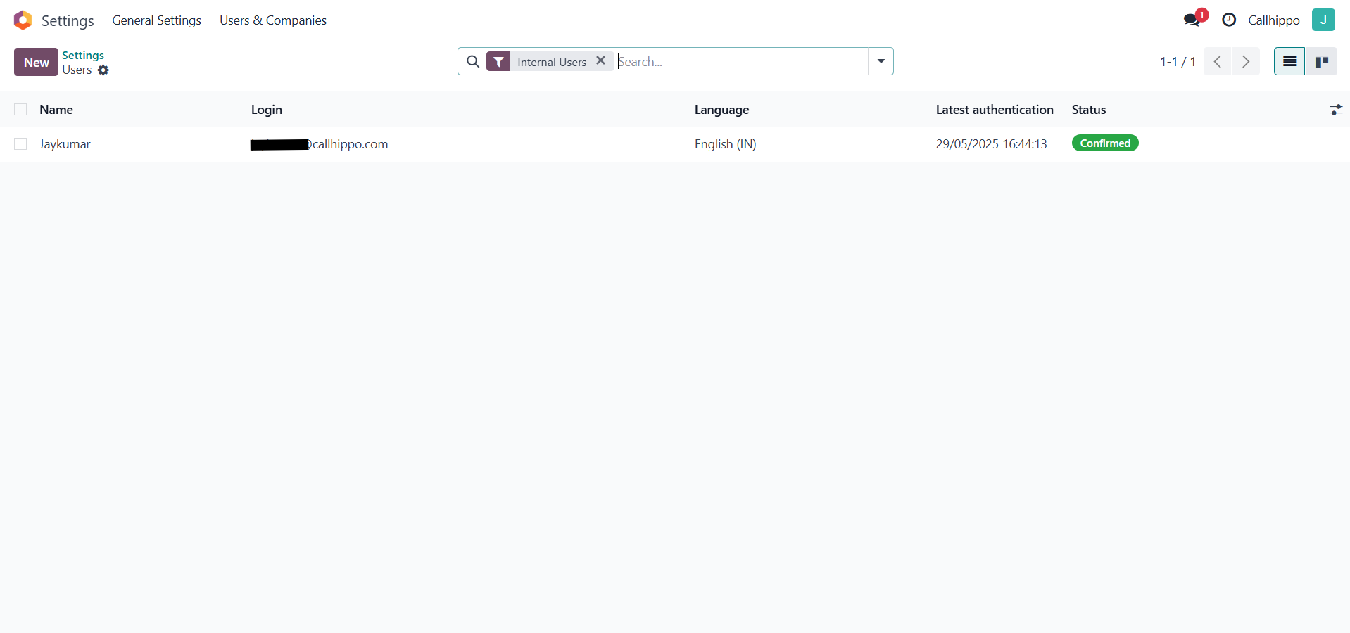 Odoo internal users list showing the user to select for integration