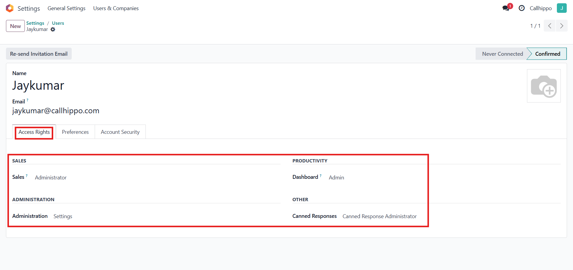 Odoo user Access Rights tab with Administrator and Settings rights highlighted