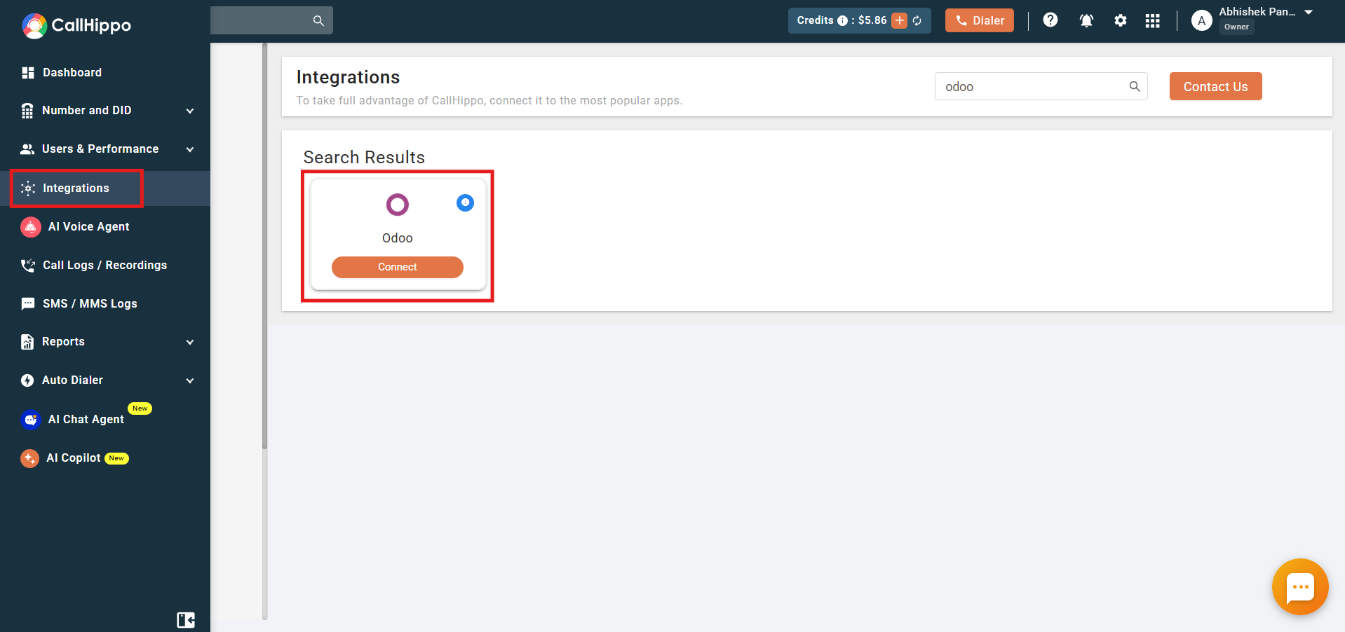CallHippo Integrations page with Odoo search result and Connect button